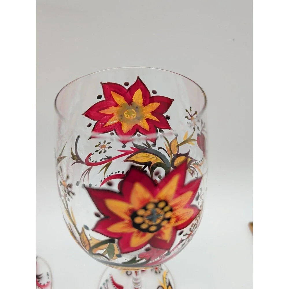 Pier 1 Carynthum Wine Glasses Hand Painted Fall Floral Set Of 2
